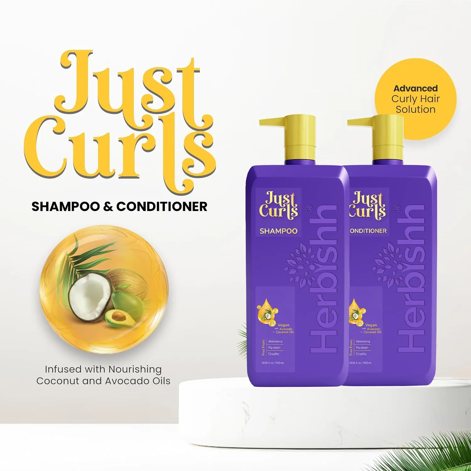 Herbishh Just Curls Coconut & Avocado Oil Infused Shampoo and Conditioner Set, Sulfate-free Vegan Kit for Curly, Nourished, Smooth Hair