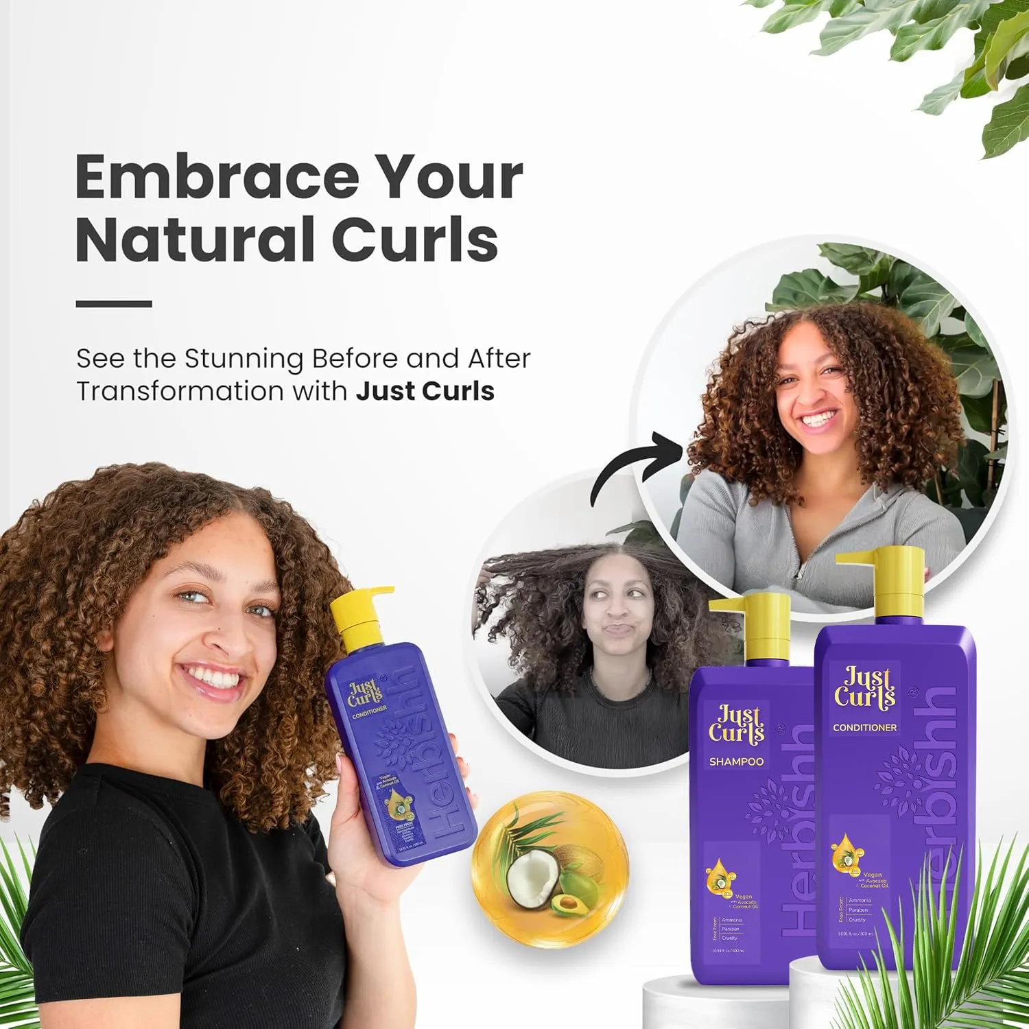 Herbishh Just Curls Coconut & Avocado Oil Infused Shampoo and Conditioner Set, Sulfate-free Vegan Kit for Curly, Nourished, Smooth Hair