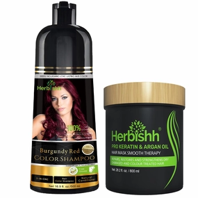 Herbishh Burgundy 3 in 1 Hair Dye Shampoo Keratin & Argan Oil Hair Mask for Dry Damaged Hair 800 ML
