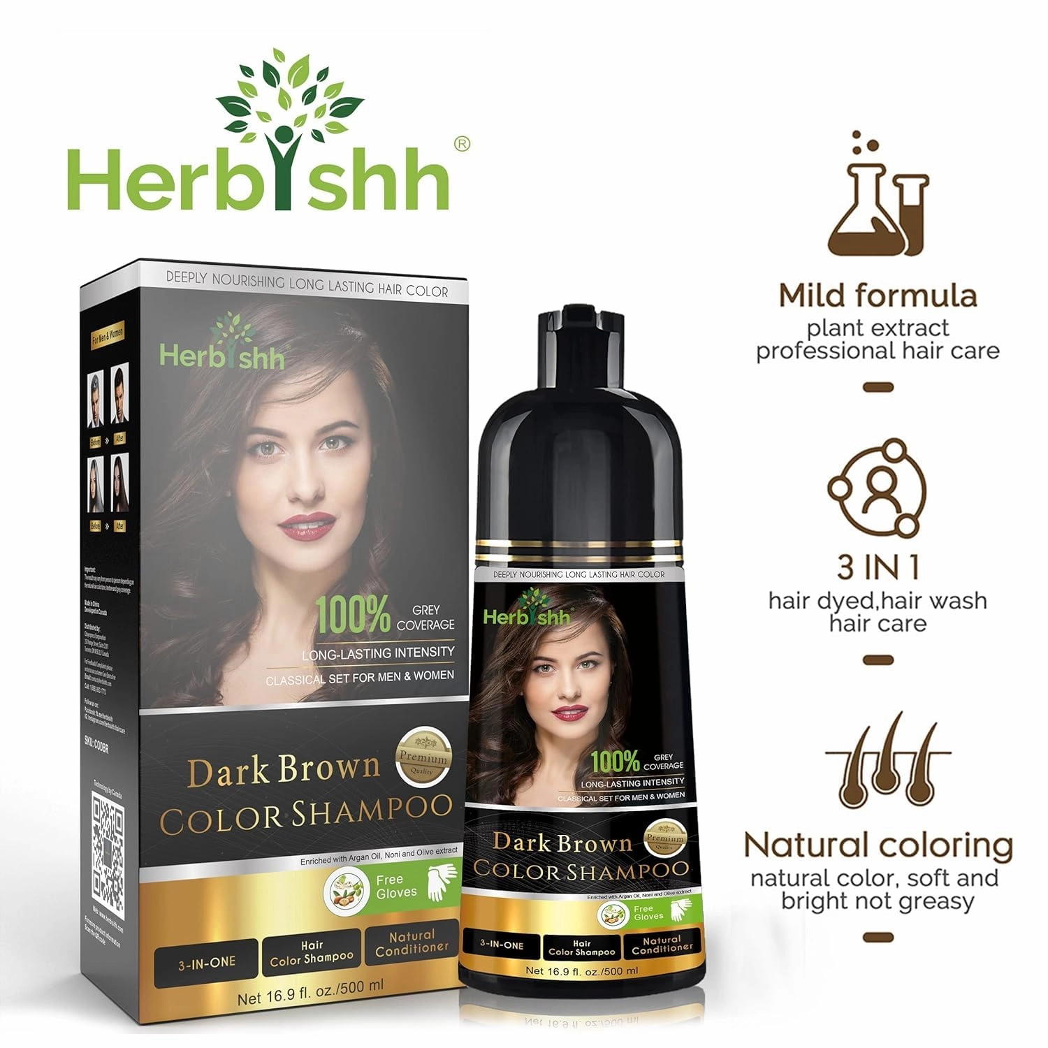 Herbishh Dark Brown Hair Dye Shampoo 3 In 1- Color Shampoo For Gray Hair Coverage 500 ML, Argan Oil & Pro Keratin Deep Conditioning Hair Mask 150gm and Ginger Essential Oil Serum For Hair Growth 30ml