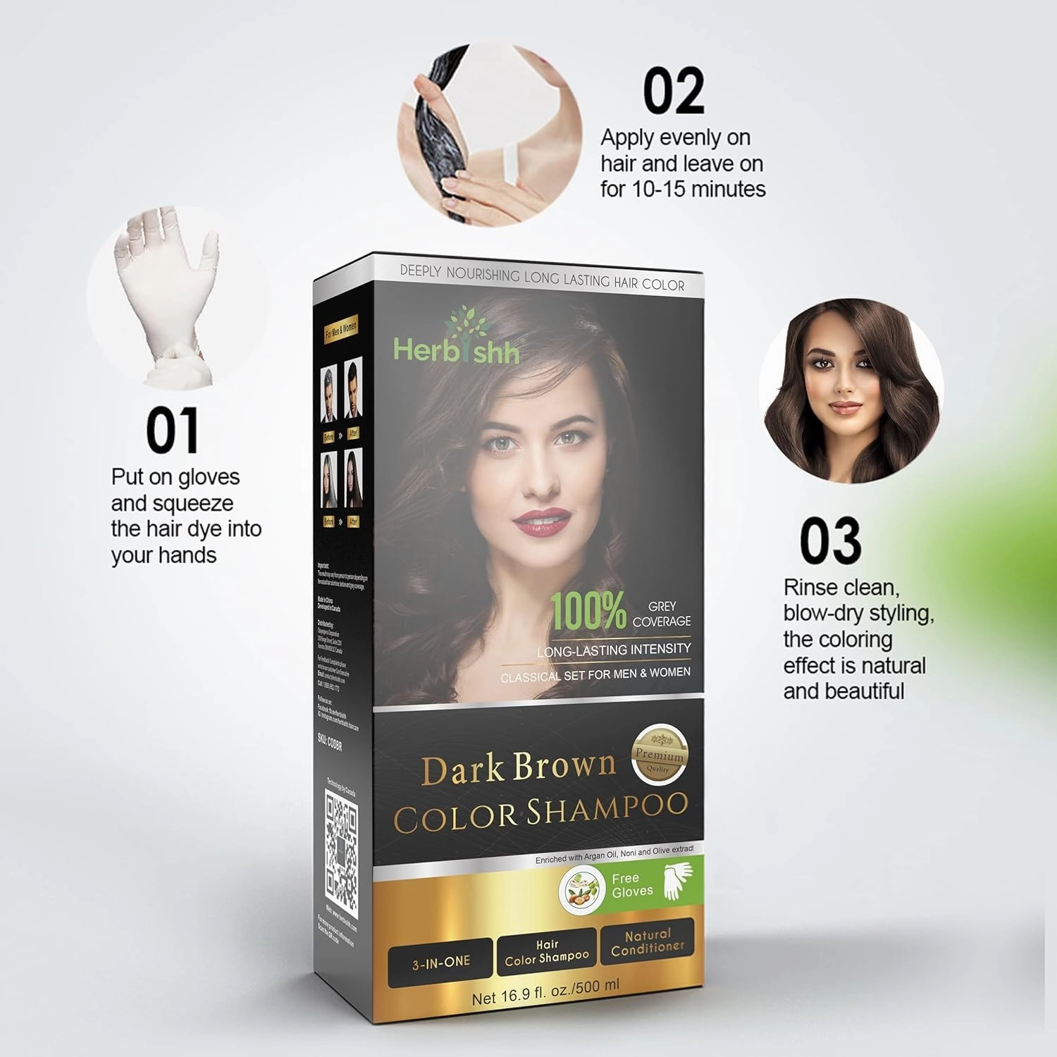 Herbishh Dark Brown Hair Dye Shampoo 3 In 1- Color Shampoo For Gray Hair Coverage 500 ML, Argan Oil & Pro Keratin Deep Conditioning Hair Mask 150gm and Ginger Essential Oil Serum For Hair Growth 30ml