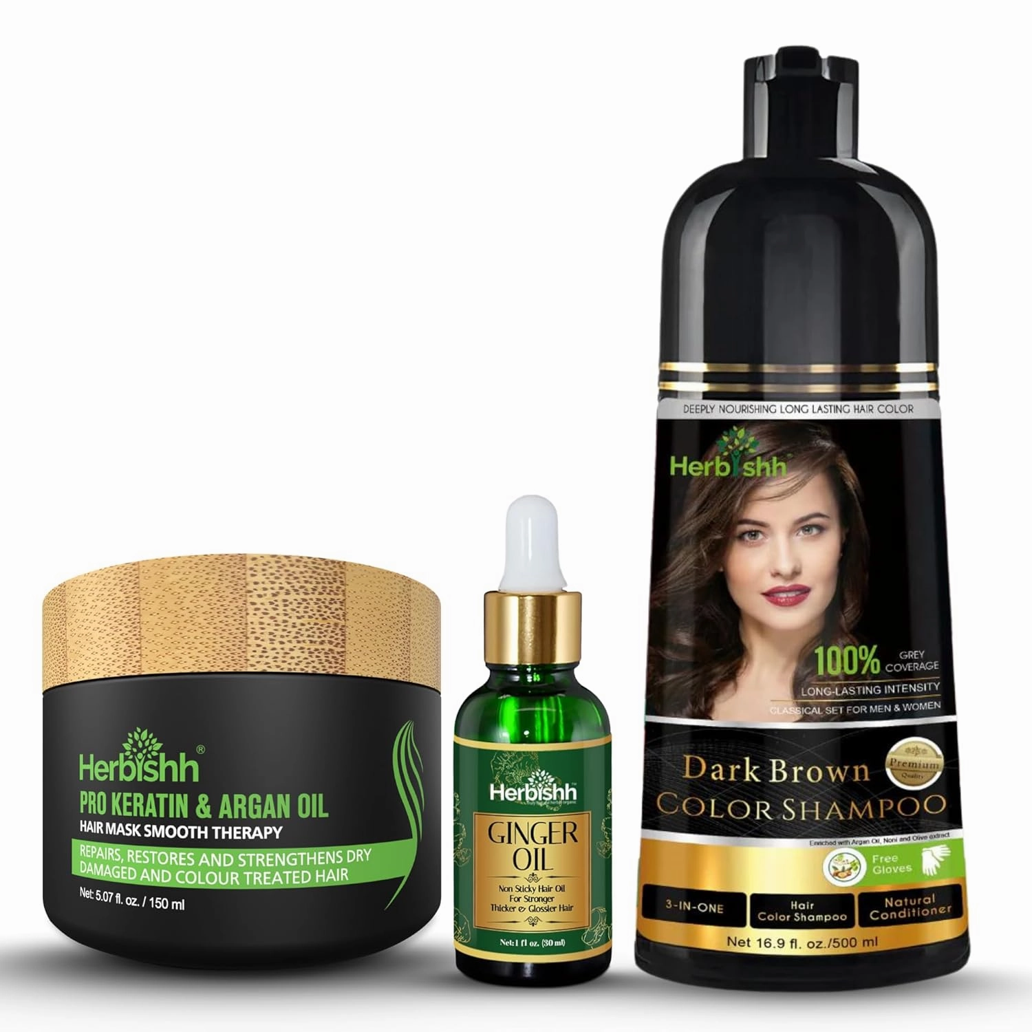 Herbishh Dark Brown Hair Dye Shampoo 3 In 1- Color Shampoo For Gray Hair Coverage 500 ML, Argan Oil & Pro Keratin Deep Conditioning Hair Mask 150gm and Ginger Essential Oil Serum For Hair Growth 30ml
