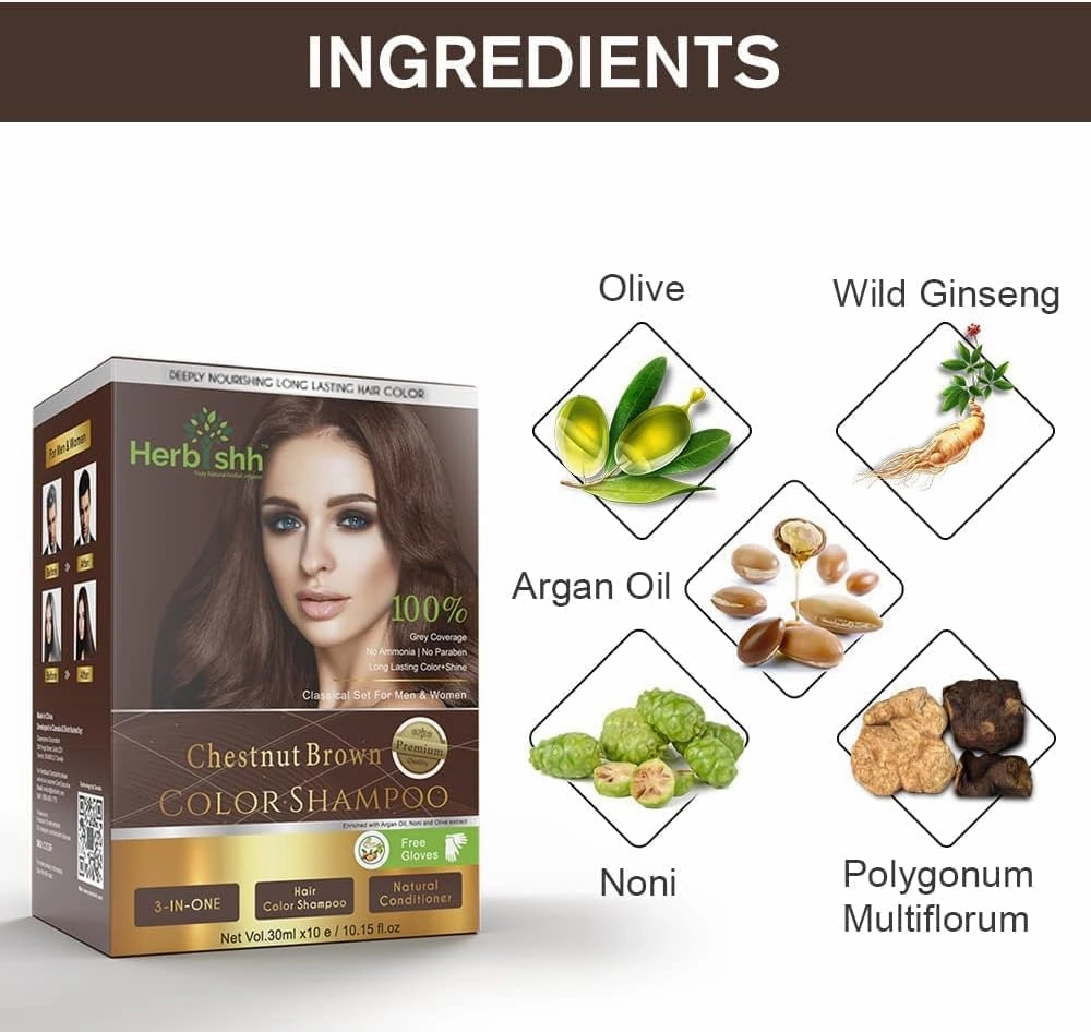 Herbishh Hair Color Shampoo 3 Boxes Travel Pack Combo   1 Pro-Keratin Argan Hair Mask for Deep Conditioning & Hydration 3 in 1 Permanent Hair Dye Shampoo for Grey Hair (Chestnut brown)
