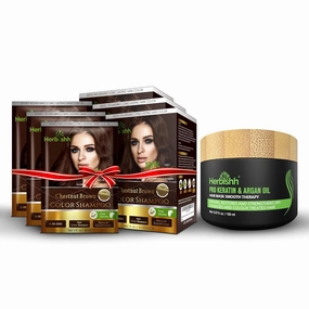 Herbishh Hair Color Shampoo 3 Boxes Travel Pack Combo   1 Pro-Keratin Argan Hair Mask for Deep Conditioning & Hydration 3 in 1 Permanent Hair Dye Shampoo for Grey Hair (Chestnut brown)