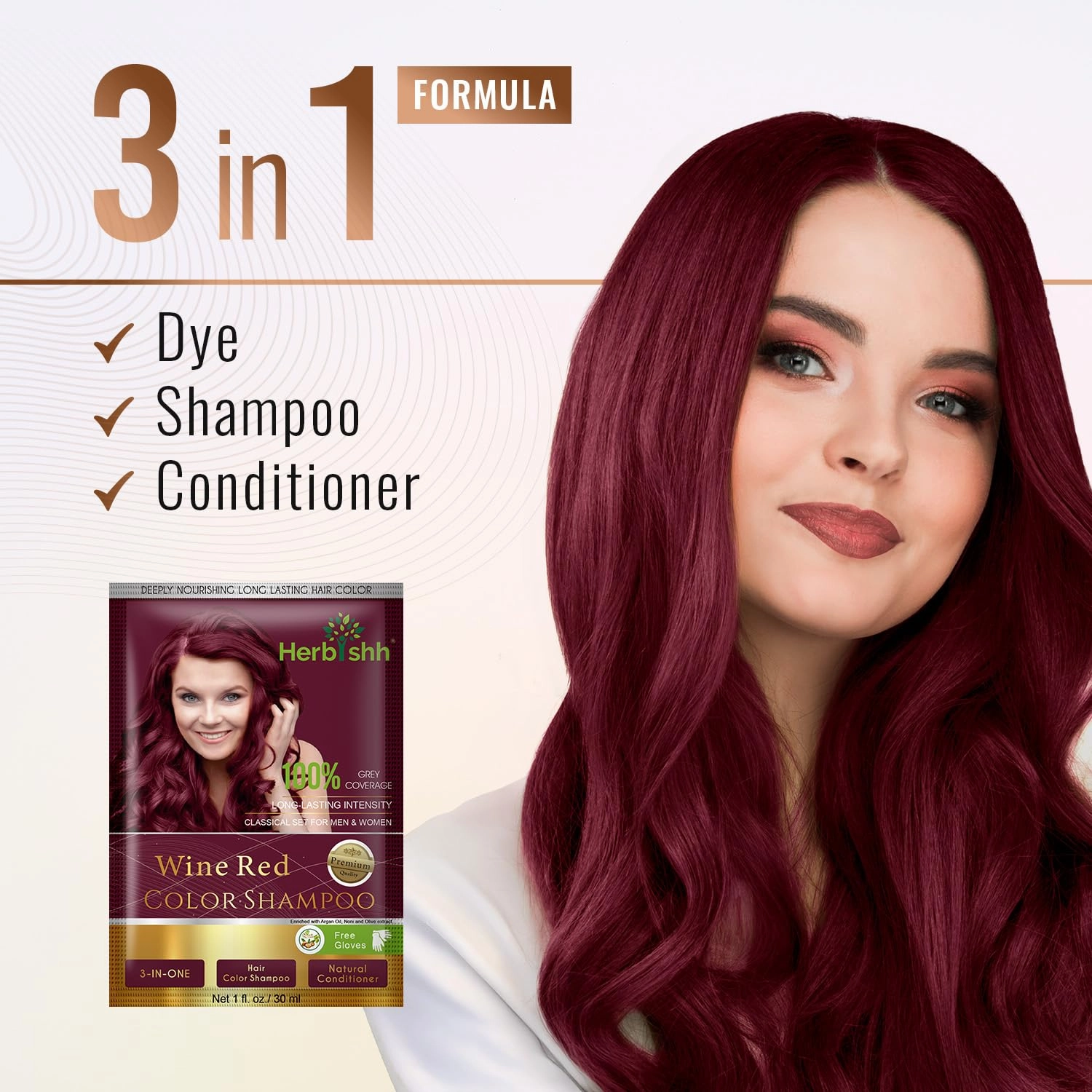 Herbishh Hair Color Shampoo – Natural Dye for Gray Hair, with Argan Mask, Travel Size, Long-Lasting Tint in Minutes, 10 1 Pack, Ammonia-Free (Wine Red)