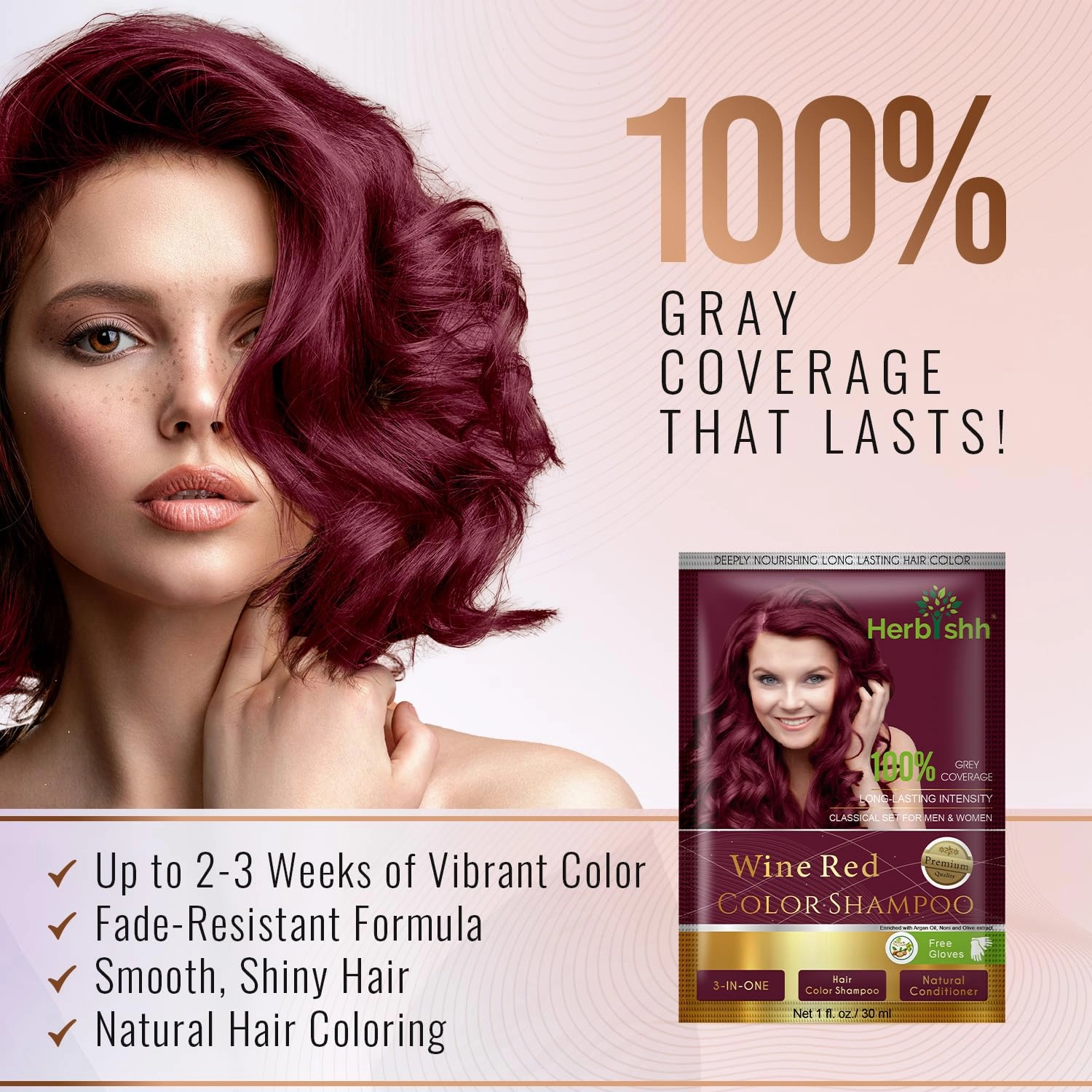 Herbishh Hair Color Shampoo – Natural Dye for Gray Hair, with Argan Mask, Travel Size, Long-Lasting Tint in Minutes, 10 1 Pack, Ammonia-Free (Wine Red)