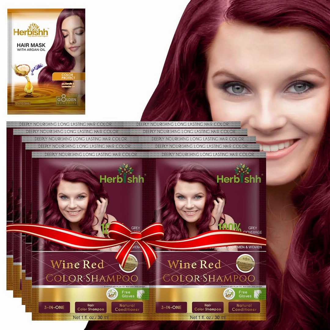 Herbishh Hair Color Shampoo – Natural Dye for Gray Hair, with Argan Mask, Travel Size, Long-Lasting Tint in Minutes, 10 1 Pack, Ammonia-Free (Wine Red)