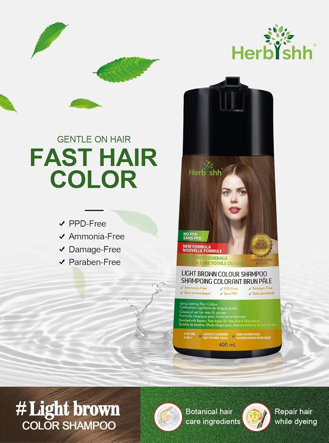 Herbishh Hair Color Shampoo for Gray Hair –PPD-Free Hair Dye Shampoo and Conditioner   Argan Oil 30mL Hydrating Hair Oil   Pro Keratin Argan Oil Hair Mask for Dry, Damaged Hair 150mL (Light Brown)