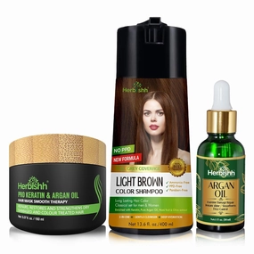 Herbishh Hair Color Shampoo for Gray Hair –PPD-Free Hair Dye Shampoo and Conditioner   Argan Oil 30mL Hydrating Hair Oil   Pro Keratin Argan Oil Hair Mask for Dry, Damaged Hair 150mL (Light Brown)