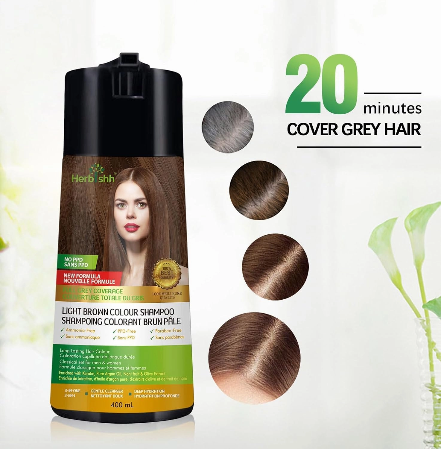 Herbishh Hair Color Shampoo for Gray Hair –PPD-Free Hair Dye Shampoo and Conditioner   Argan Oil 30mL Hydrating Hair Oil   Pro Keratin Argan Oil Hair Mask for Dry, Damaged Hair 150mL (Light Brown)