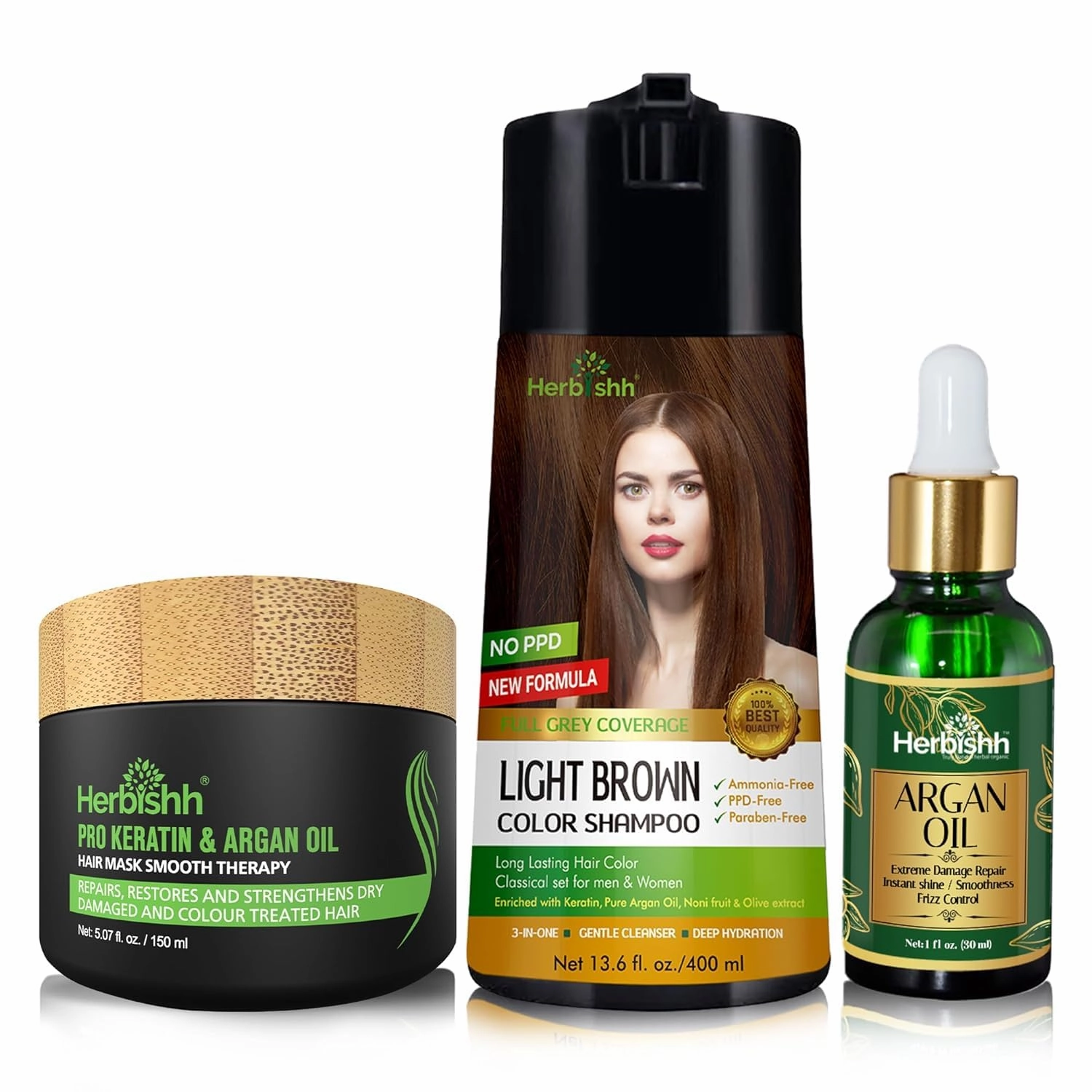 Herbishh Hair Color Shampoo for Gray Hair –PPD-Free Hair Dye Shampoo and Conditioner   Argan Oil 30mL Hydrating Hair Oil   Pro Keratin Argan Oil Hair Mask for Dry, Damaged Hair 150mL (Light Brown)