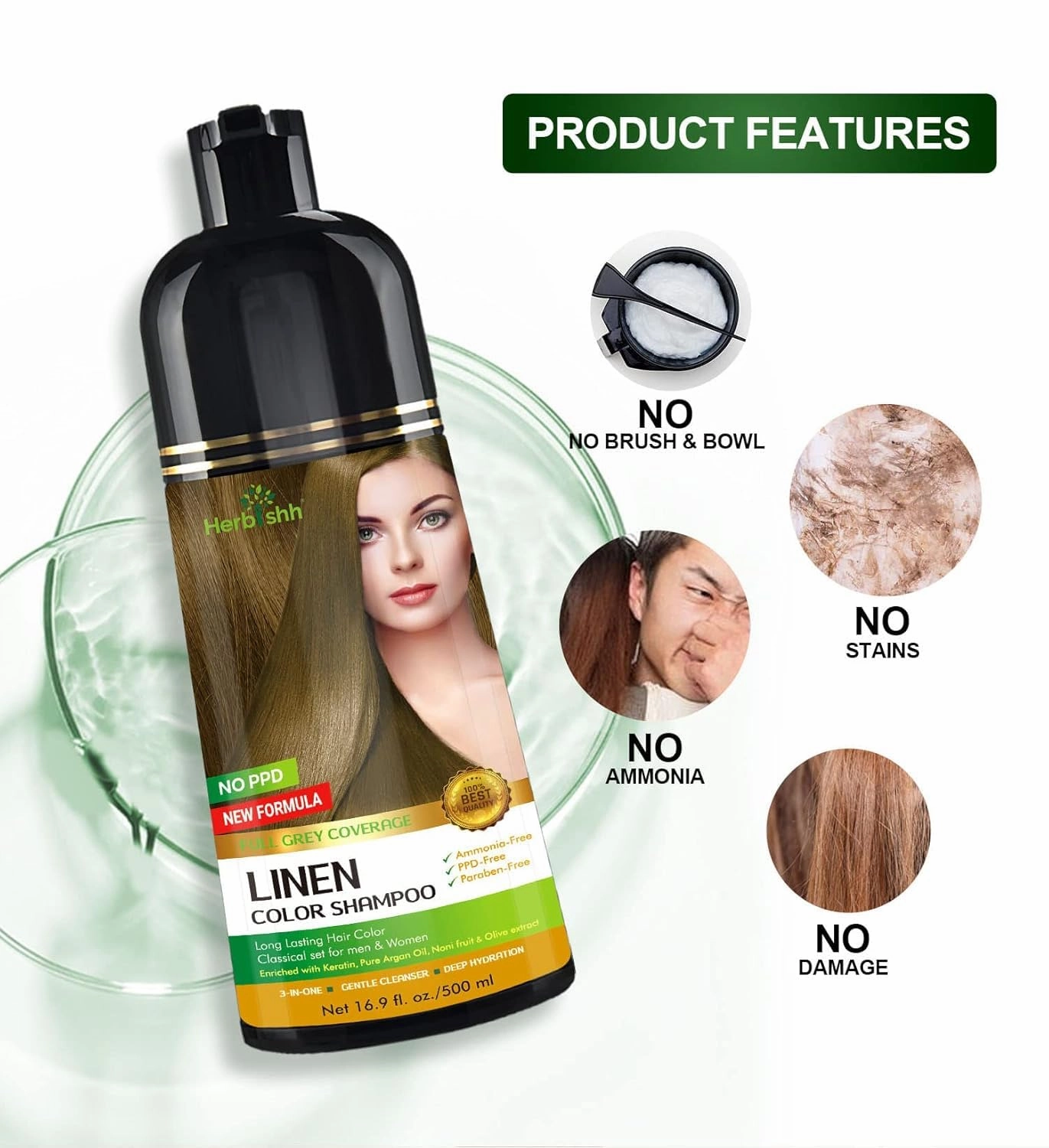 Herbishh Lenin 3 in 1 Hair Dye Shampoo (Pack of 3) 16.9 FL Oz Each and Pro Keratin Argan Oil Hair Mask 5.07 Fl Oz Combo for Dry Damaged Hair 150 ML - Long Lasting Grey Hair Color forMen & Women