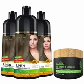 Herbishh Lenin 3 in 1 Hair Dye Shampoo (Pack of 3) 16.9 FL Oz Each and Pro Keratin Argan Oil Hair Mask 5.07 Fl Oz Combo for Dry Damaged Hair 150 ML - Long Lasting Grey Hair Color forMen & Women