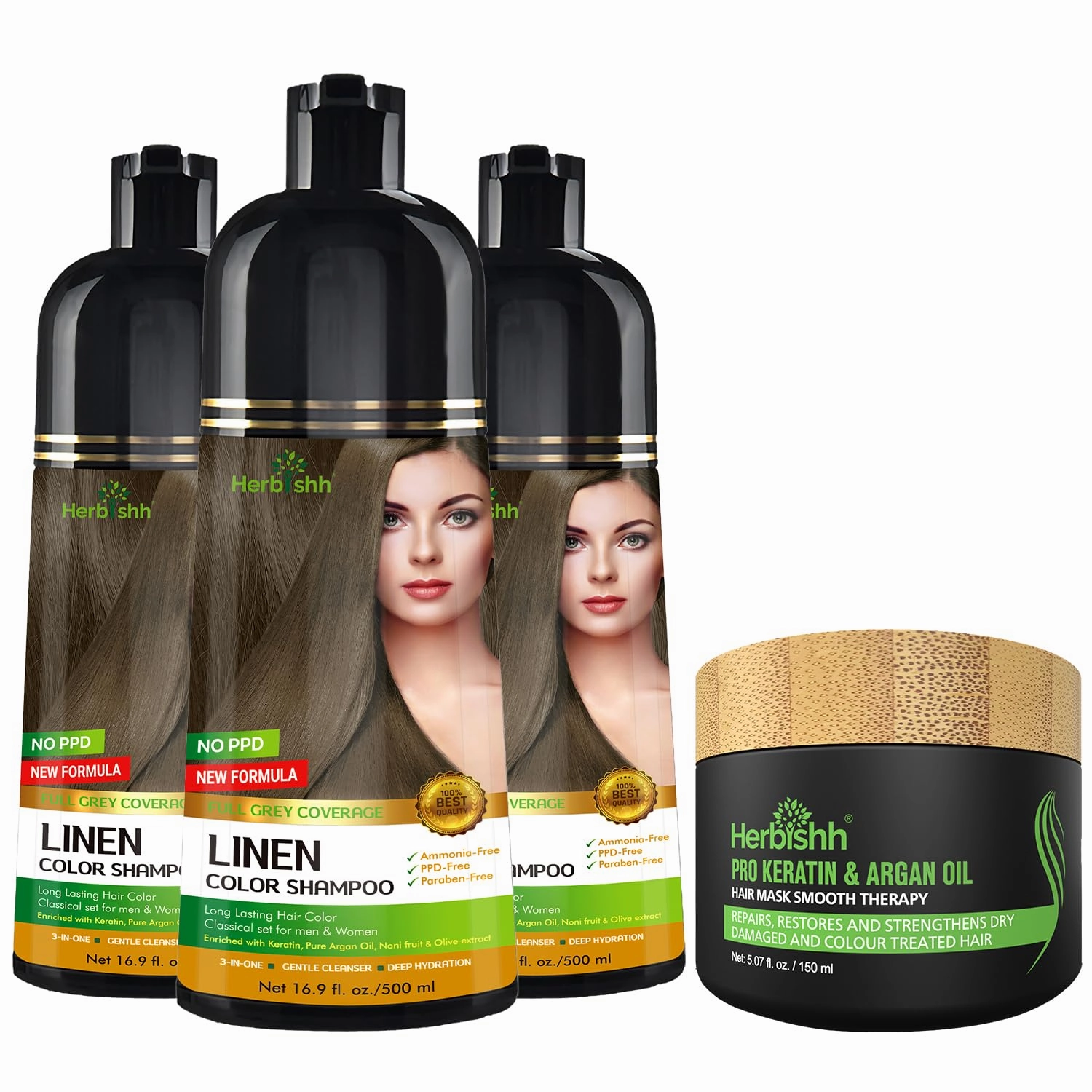 Herbishh Lenin 3 in 1 Hair Dye Shampoo (Pack of 3) 16.9 FL Oz Each and Pro Keratin Argan Oil Hair Mask 5.07 Fl Oz Combo for Dry Damaged Hair 150 ML - Long Lasting Grey Hair Color forMen & Women