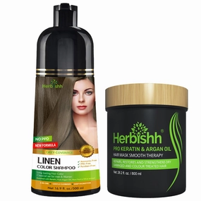 Herbishh Linen 3 In 1 Hair Dye Shampoo 16.9 Fl Oz & Argan Oil Mask 28.2 Fl Oz Combo - Champu Para Canas Mujer - Hair Dye Shampoo for Men & Women - Hair Mask For Moisturizer Dry, Damaged Hair