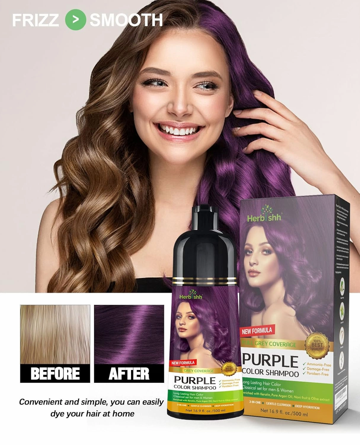 Herbishh Magic Hair Dye Shampoo – Colors Gray Hair in Minutes – Long Lasting – 500 Ml – 3-In-1 Ammonia-Free Color Treatment (Purple)