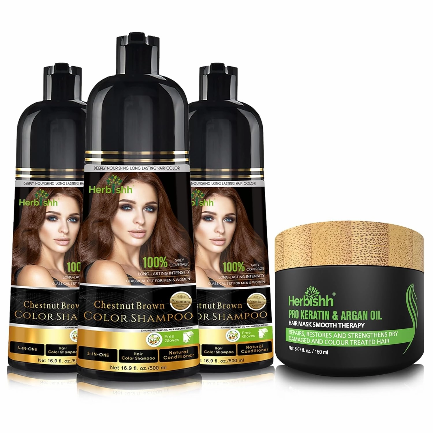 Herbishh Ultimate Shampoo Kit (3pcs Dye   1 Argan Mask) for Smooth, Long-Lasting Grey Hair Color - Men & Women (Chestnut Brown)