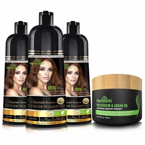 Herbishh Ultimate Shampoo Kit (3pcs Dye   1 Argan Mask) for Smooth, Long-Lasting Grey Hair Color - Men & Women (Chestnut Brown)