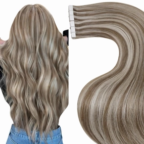 Hetto Tape in Hair Extensions Human Hair 40g 12 Inch 20pcs Tape in Extensions Invisible Highlight Tapes on Hair Extension #10/613 Golden Brown Highlight Bleach Blonde Skin Weft