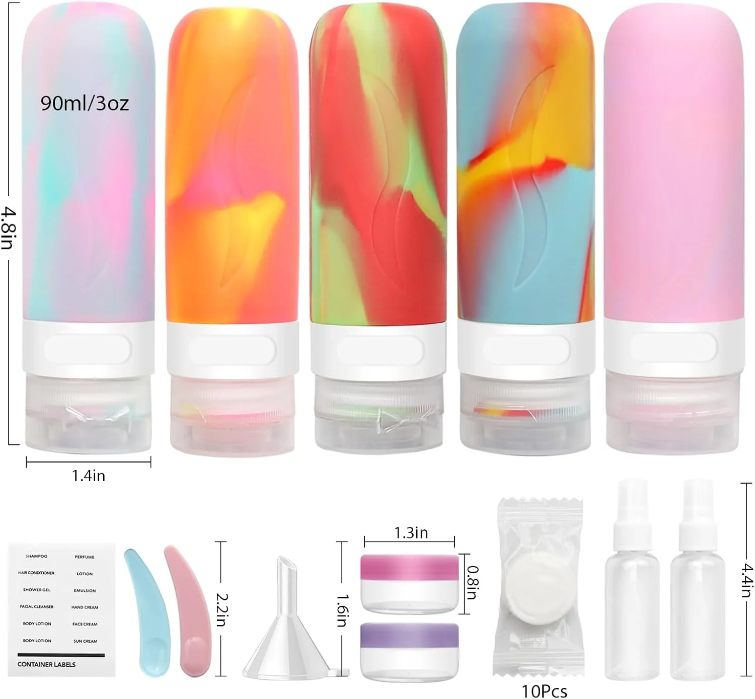 HEYMKGO 24 Pack Travel Bottles Set for Toiletries with Bag Label Tsa Approved 3oz Silicone Travel Containers Leak Proof Shampoo and Conditioner Bottles Jars Kit