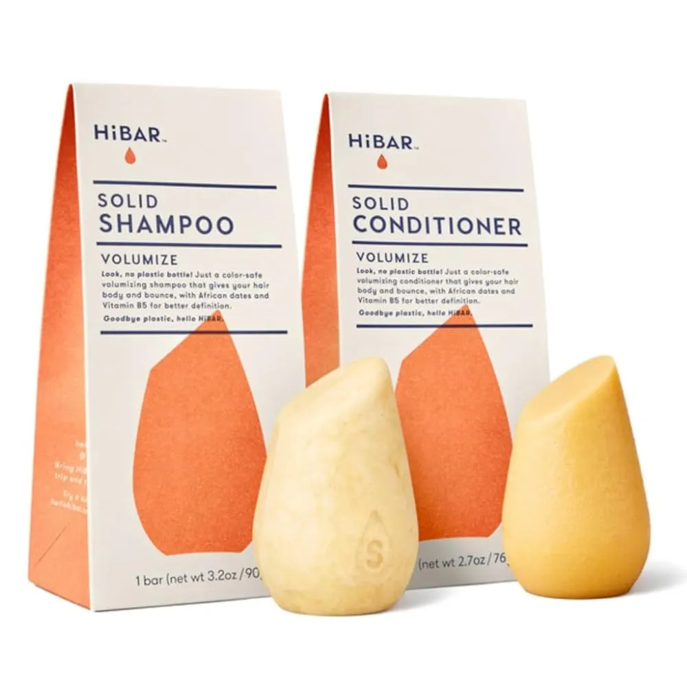 HiBAR - Volumize Shampoo & Conditioner Set - For Fine, Flat Hair - Add Body, Definition & Volume - African Dates & Vitamin B5 - Plastic, Soap, Paraben & Sulfate-Free - Color Safe & Vegan -2 Solid Bars