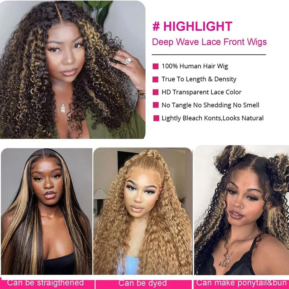 Highlight Lace Front Wig Human Hair Pre Plucked Fb/27 Balayage 13x6 Ombre Lace Front Wigs Human Hair Deep Wave 180% Density Colored HD Glueless Curly Human Hair Wigs 32 Inch