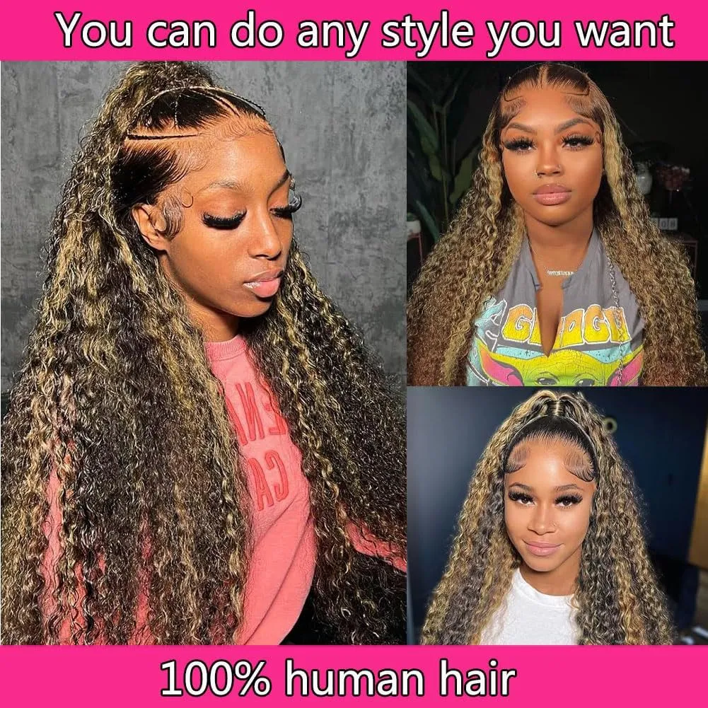 Highlight Lace Front Wig Human Hair Pre Plucked Fb/27 Balayage 13x6 Ombre Lace Front Wigs Human Hair Deep Wave 180% Density Colored HD Glueless Curly Human Hair Wigs 32 Inch