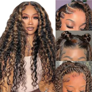 Highlight Lace Front Wig Human Hair Pre Plucked Fb/27 Balayage 13x6 Ombre Lace Front Wigs Human Hair Deep Wave 180% Density Colored HD Glueless Curly Human Hair Wigs 32 Inch