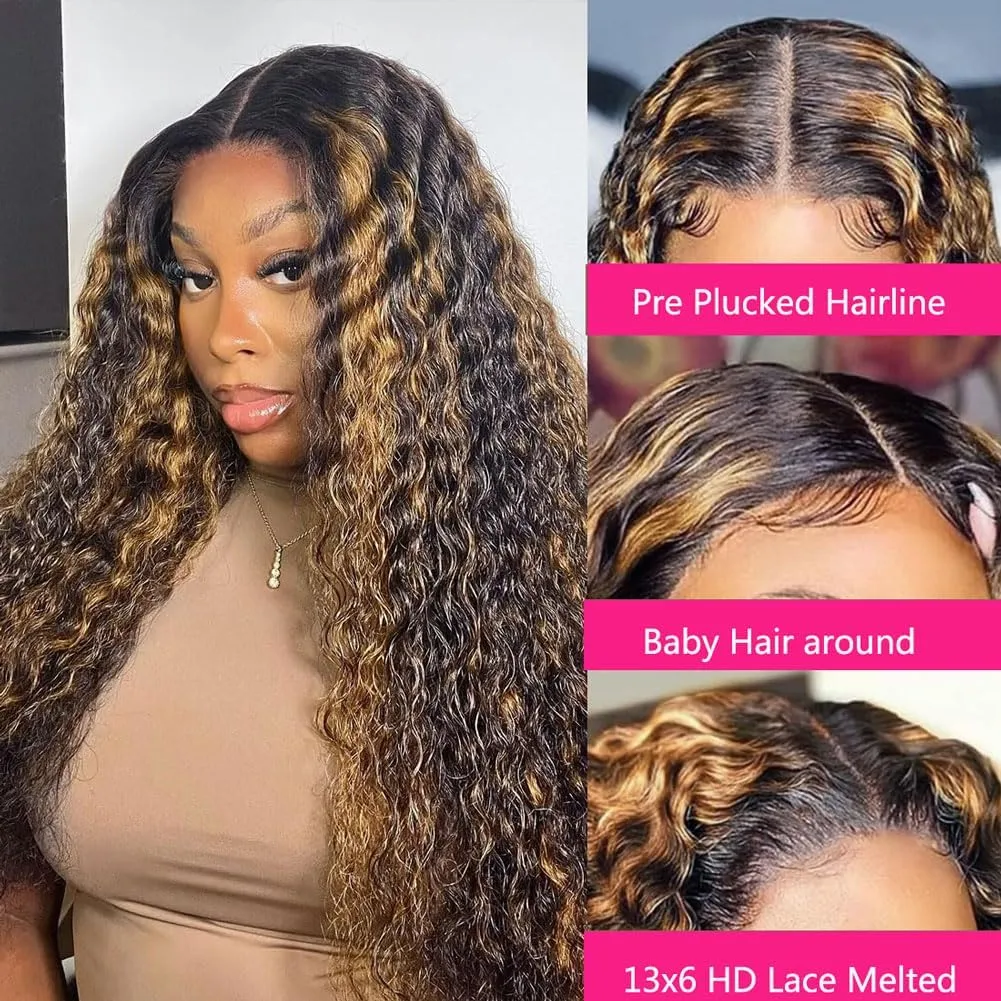 Highlight Lace Front Wig Human Hair Pre Plucked Fb/27 Balayage 13x6 Ombre Lace Front Wigs Human Hair Deep Wave 180% Density Colored HD Glueless Curly Human Hair Wigs 32 Inch
