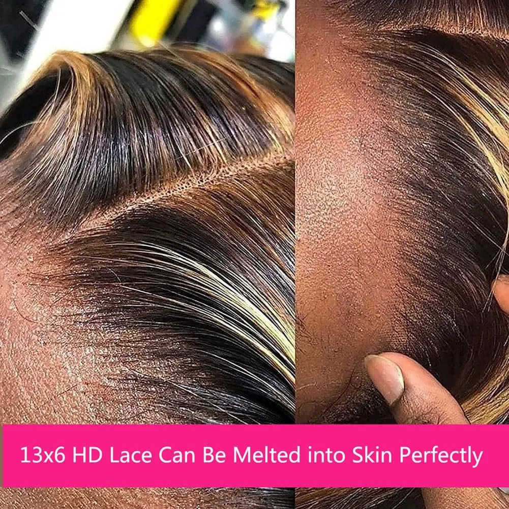 Highlight Lace Front Wig Human Hair Pre Plucked Fb/27 Balayage 13x6 Ombre Lace Front Wigs Human Hair Deep Wave 180% Density Colored HD Glueless Curly Human Hair Wigs 32 Inch