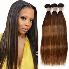 Highlight Bundle P430 Straight Brown And Dark Brown Bundles Brazilian Remy Human Hair 3 Bundles Real Unprocessed Virgin Hair Extensions Piano Color Bundle 12 14 16 Inch