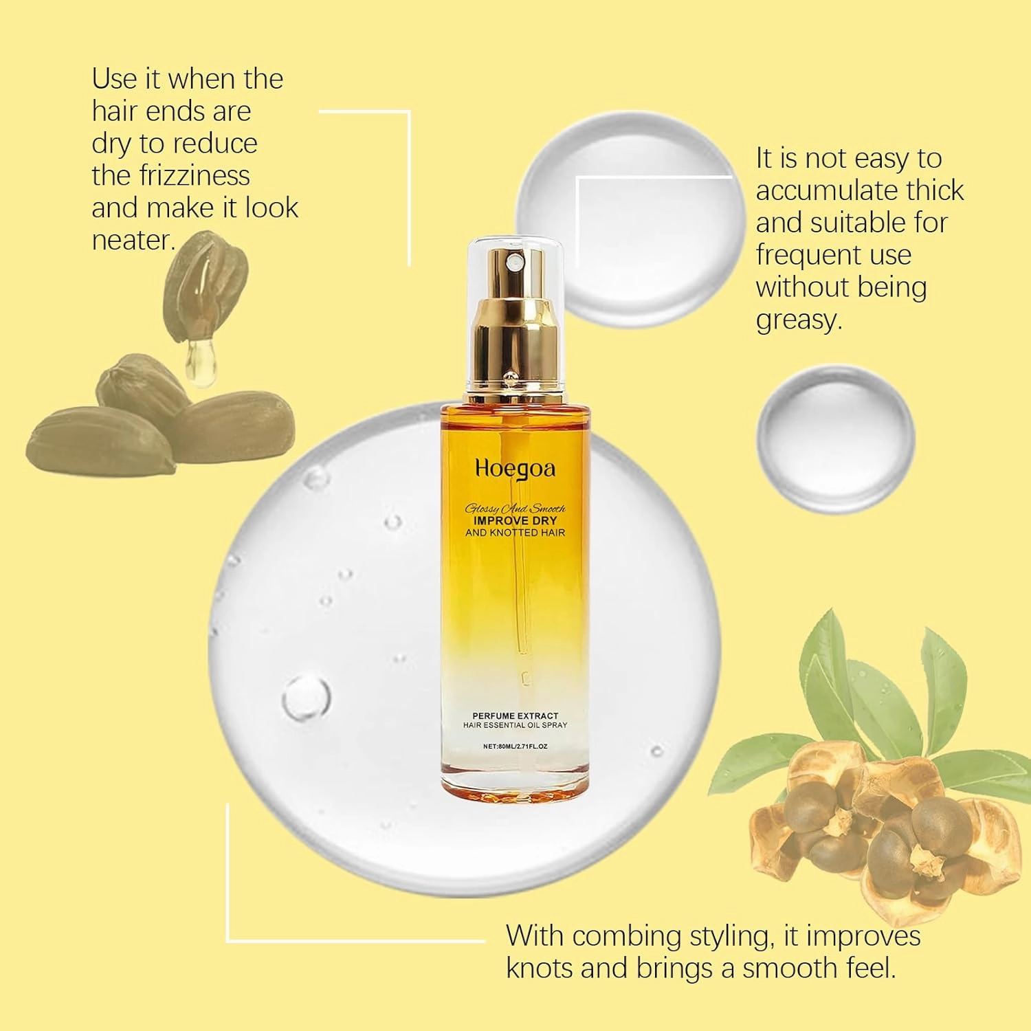Hoegoas Conditioning Oil, 80ml Conditioning Oil Spray, Hair Strengthener Leave-In Conditioner Comforting, Anti Frizz Nourishing & Smoothing Hair Serum (1, 2 bottle)
