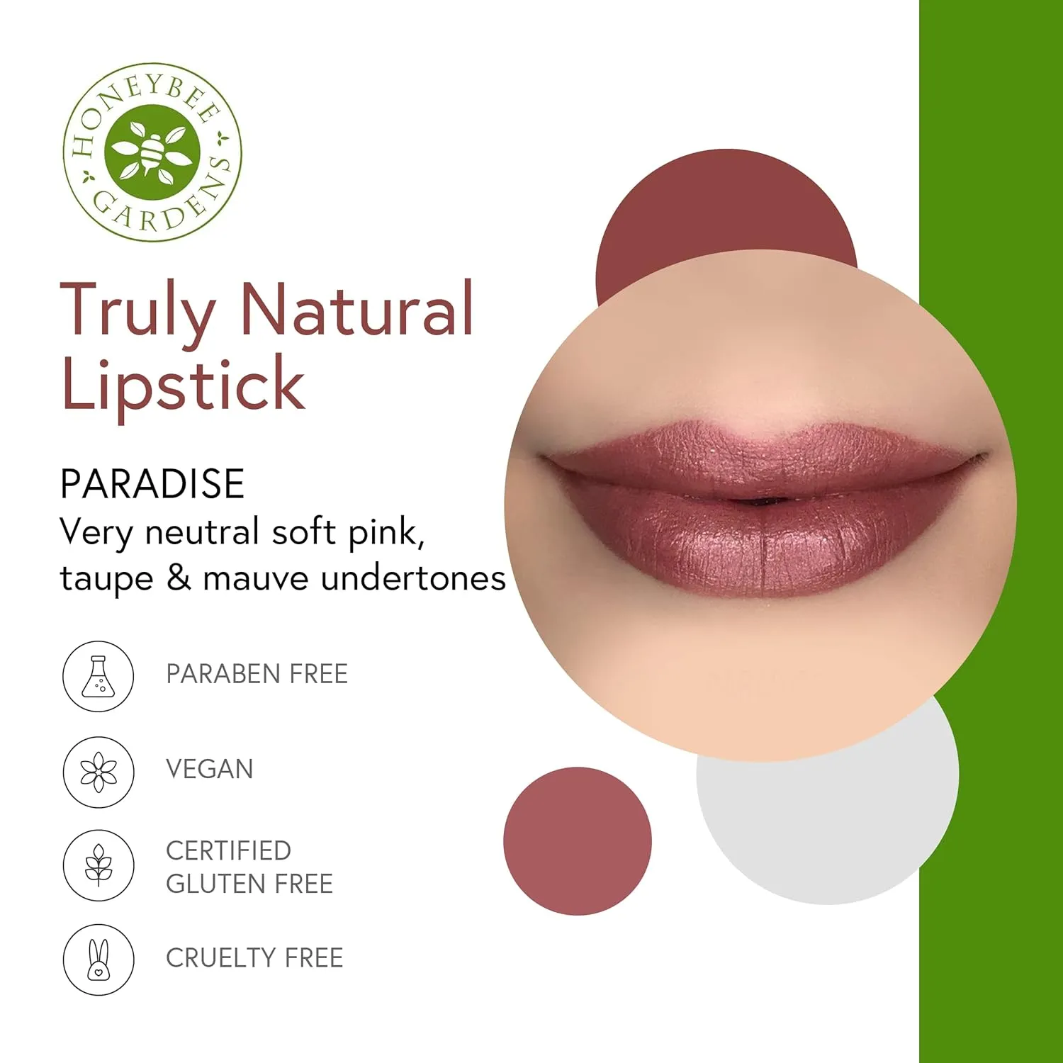 Honeybee Gardens Truly Natural Long Lasting Lipstick, Paradise, Light Pink with Peach Undertones, Naturally Hydrating & Nourishing, Vegan, Gluten-Free & Cruelty-Free, 0.13 oz / 3.8 g