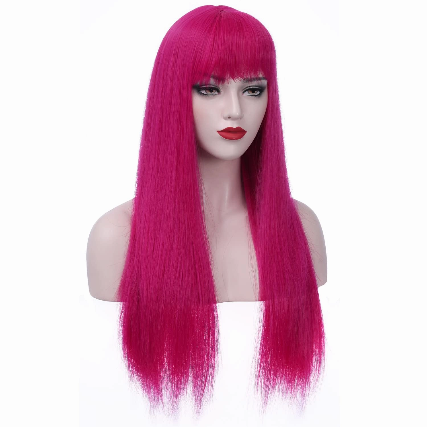Hot Pink Wig Long Straight Pink Wigs with Bangs for Women Girls Heat Resistant Synthetic Hair Cosplay Costume Wigs
