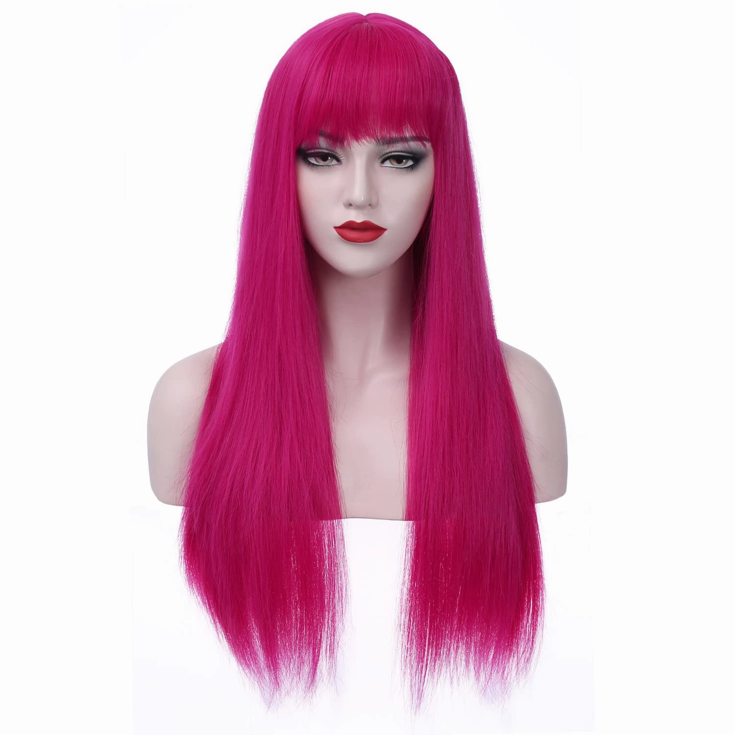 Hot Pink Wig Long Straight Pink Wigs with Bangs for Women Girls Heat Resistant Synthetic Hair Cosplay Costume Wigs
