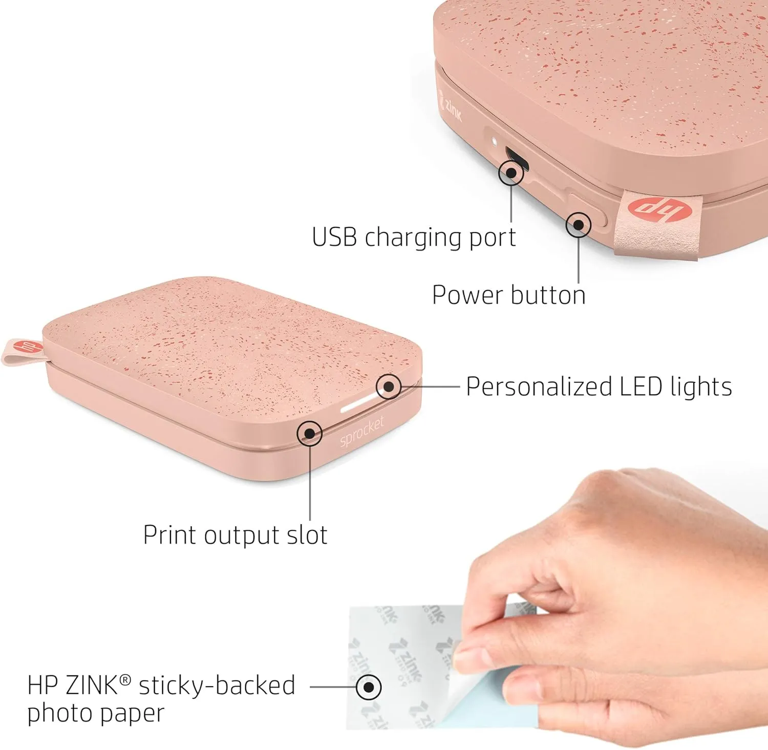 HP Sprocket 2x3" Instant Smartphone Photo Printer - Portable Color Wireless Mobile Printer - Zink Sticky-Back Photos - Print from Compatible iOS & Android Devices with Bluetooth w/Fun App - Pink