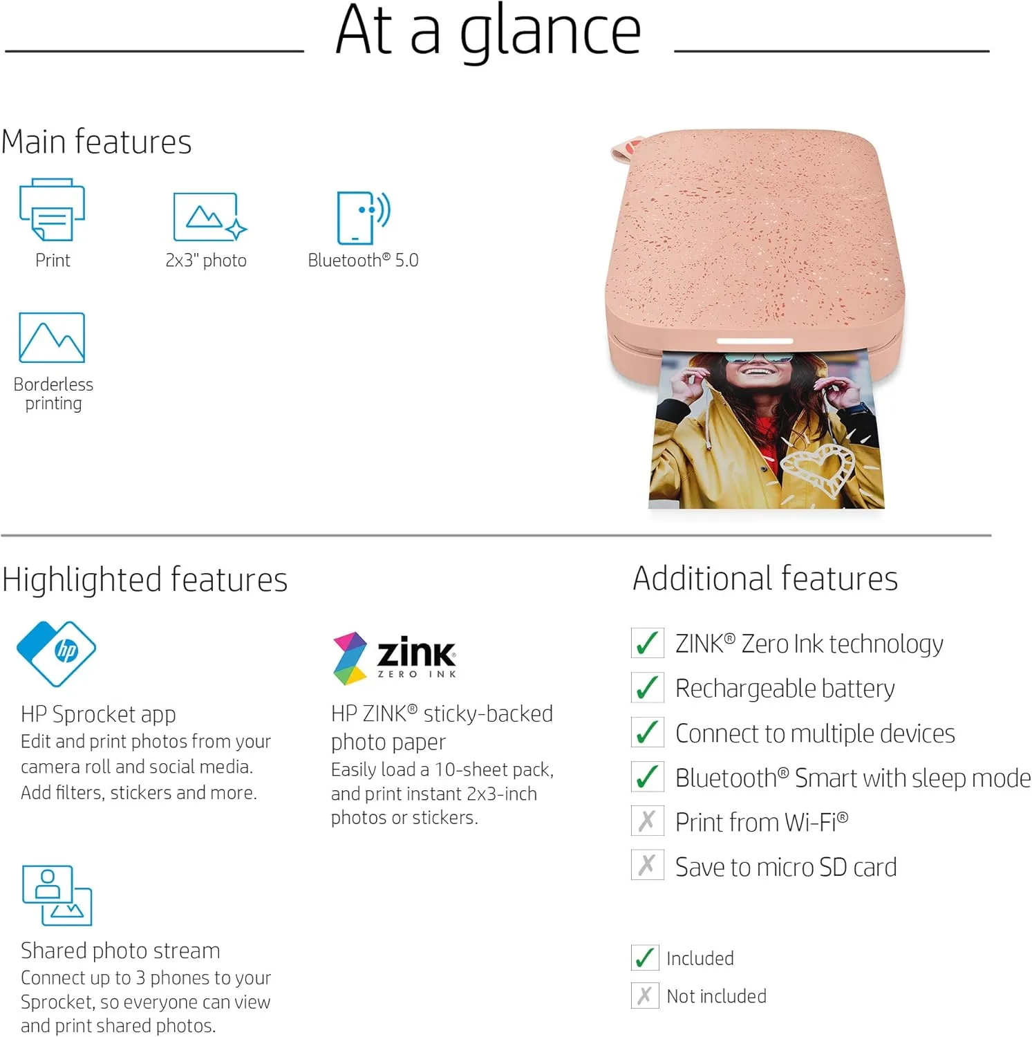 HP Sprocket 2x3" Instant Smartphone Photo Printer - Portable Color Wireless Mobile Printer - Zink Sticky-Back Photos - Print from Compatible iOS & Android Devices with Bluetooth w/Fun App - Pink