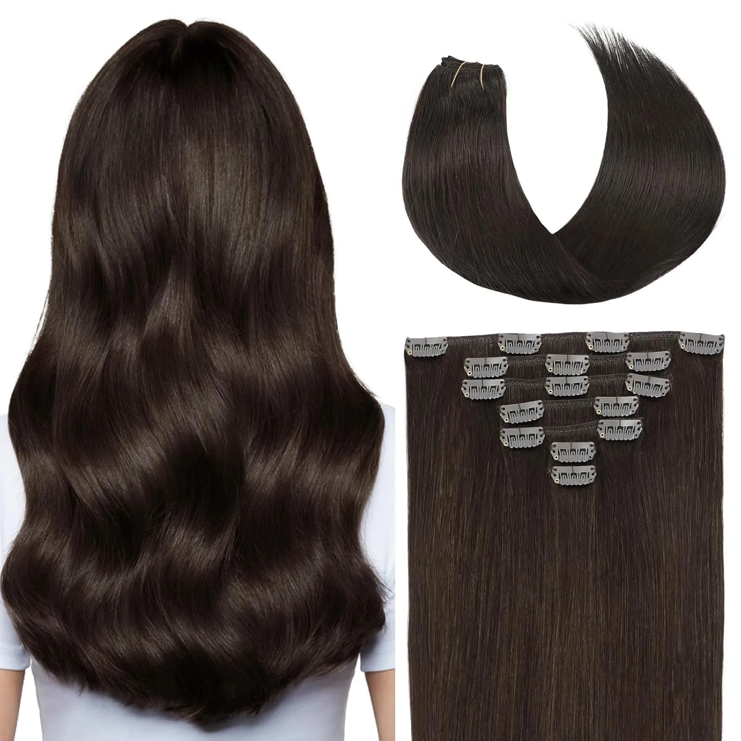 human hair clip in extensions Dark Brown,16 Inch 70g 7 Pcs,l Straight Double Weft Light Dark Brown Clip in Hair Extensions Real Human Hair #2A