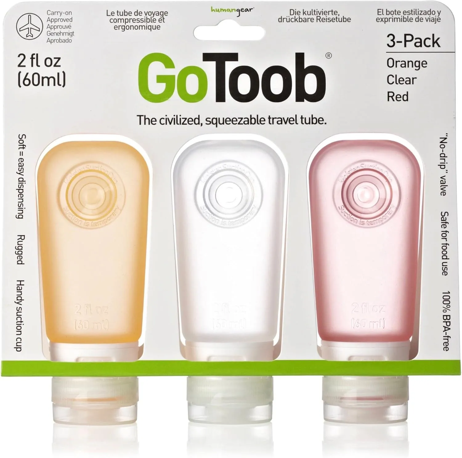 humangear GoToob Refillable Silicone Travel Size Bottles with Locking Cap for Women, 3pks