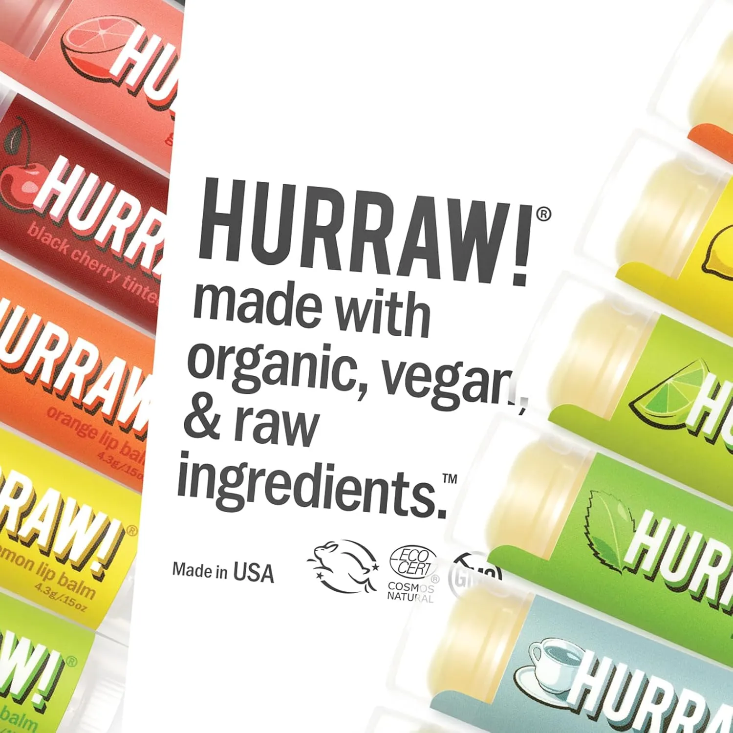 Hurraw! Grapefruit, Mint, Black Cherry Tinted Lip Balms, 3 Pack Bundle: Organic, Certified Vegan, Cruelty and Gluten Free. Non-GMO, 100% Natural. Bee, Shea, Soy & Palm Free. Made in USA