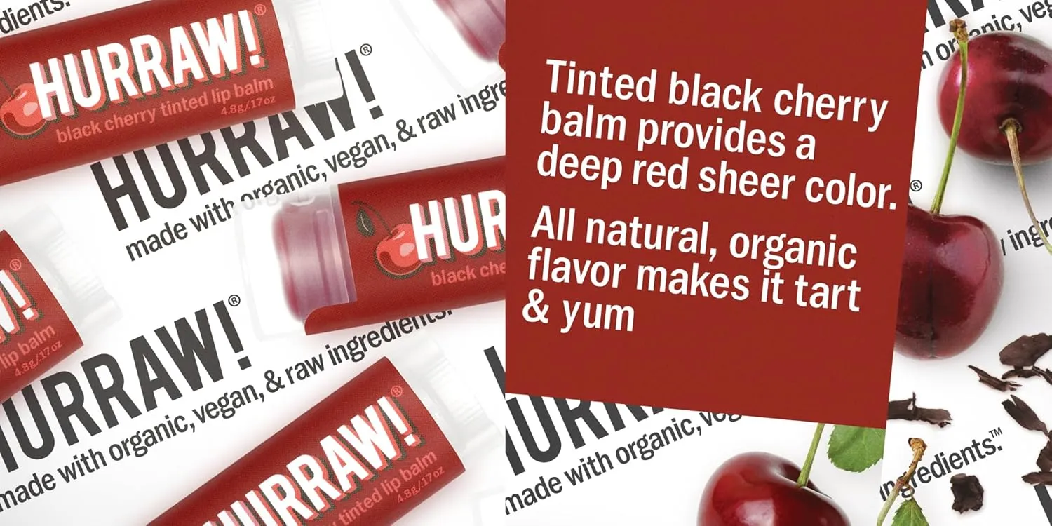 Hurraw! Grapefruit, Mint, Black Cherry Tinted Lip Balms, 3 Pack Bundle: Organic, Certified Vegan, Cruelty and Gluten Free. Non-GMO, 100% Natural. Bee, Shea, Soy & Palm Free. Made in USA