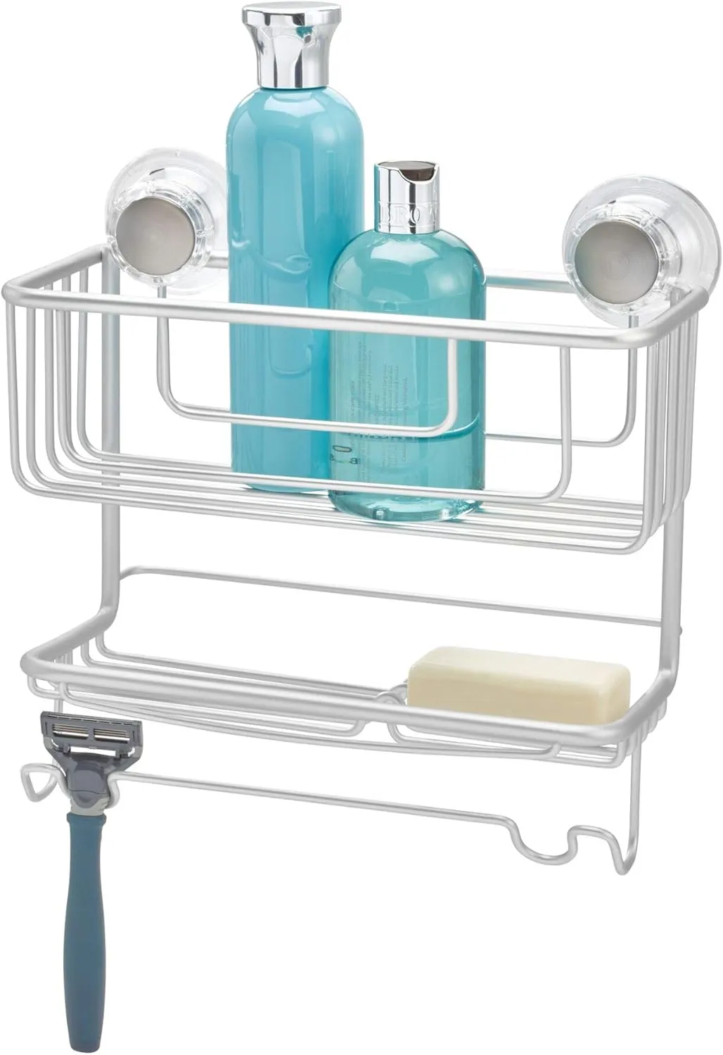 iDesign Metro Rustproof Aluminum Turn-N-Lock Suction, Bathroom Shower Combo Basket for Shampoo, Conditioner, Soap - 2 Tiers, Silver