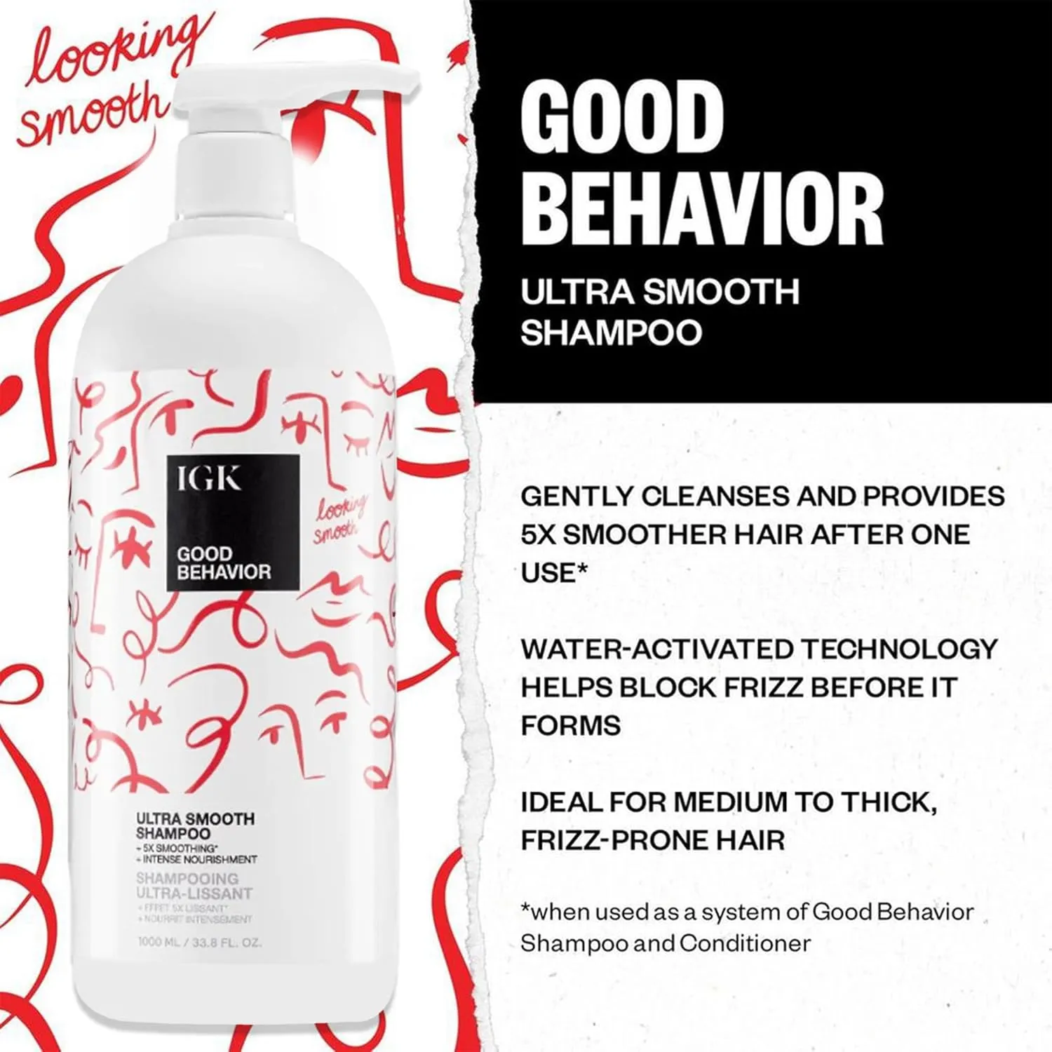 IGK GOOD BEHAVIOR Ultra Smooth Shampoo and Conditioner Set | Frizz Control   Hydrates   Shine | Vegan   Cruelty Free | 33.8 Oz