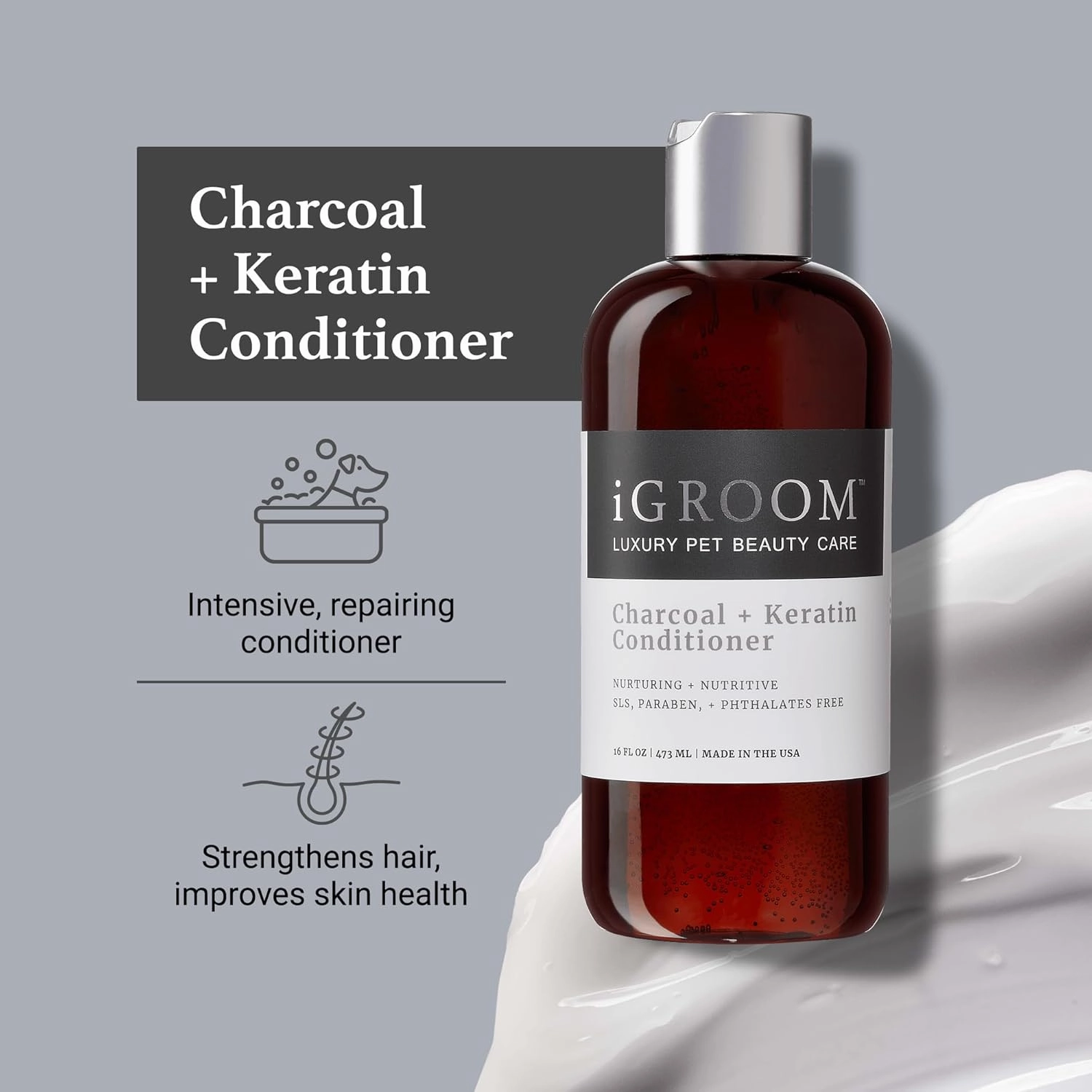 iGroom Charcoal Keratin Dog Conditioner, Luxury Pet Beauty Care, Repairs Enhances Adds Moisture, Made in USA, Summer Fig, 16oz