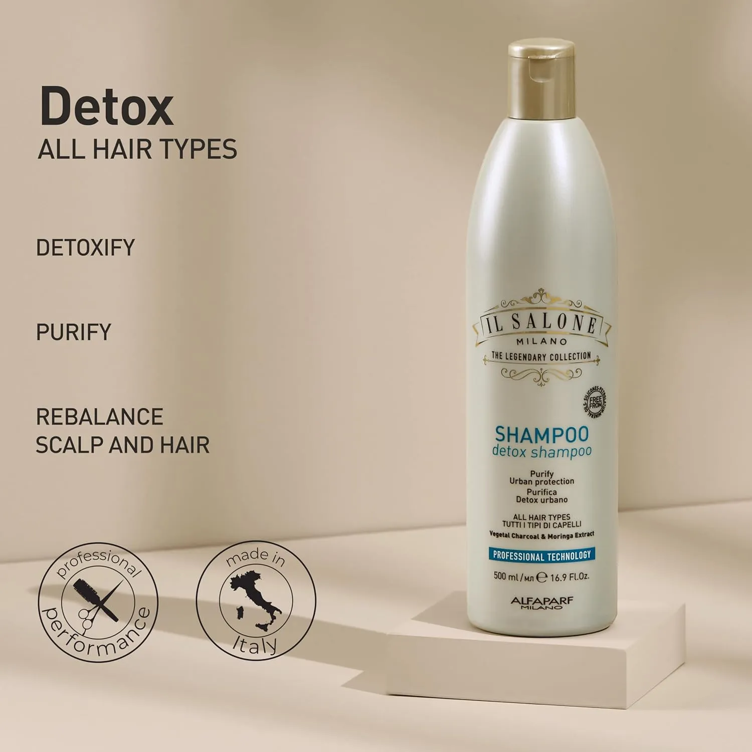Il Salone Milano Professional Detox Shampoo for All Hair Types - Absorbs impurities, Detoxifies and Rebalances skin and hair - Premium Quality - 16.9 Fl. Oz. / 500ml