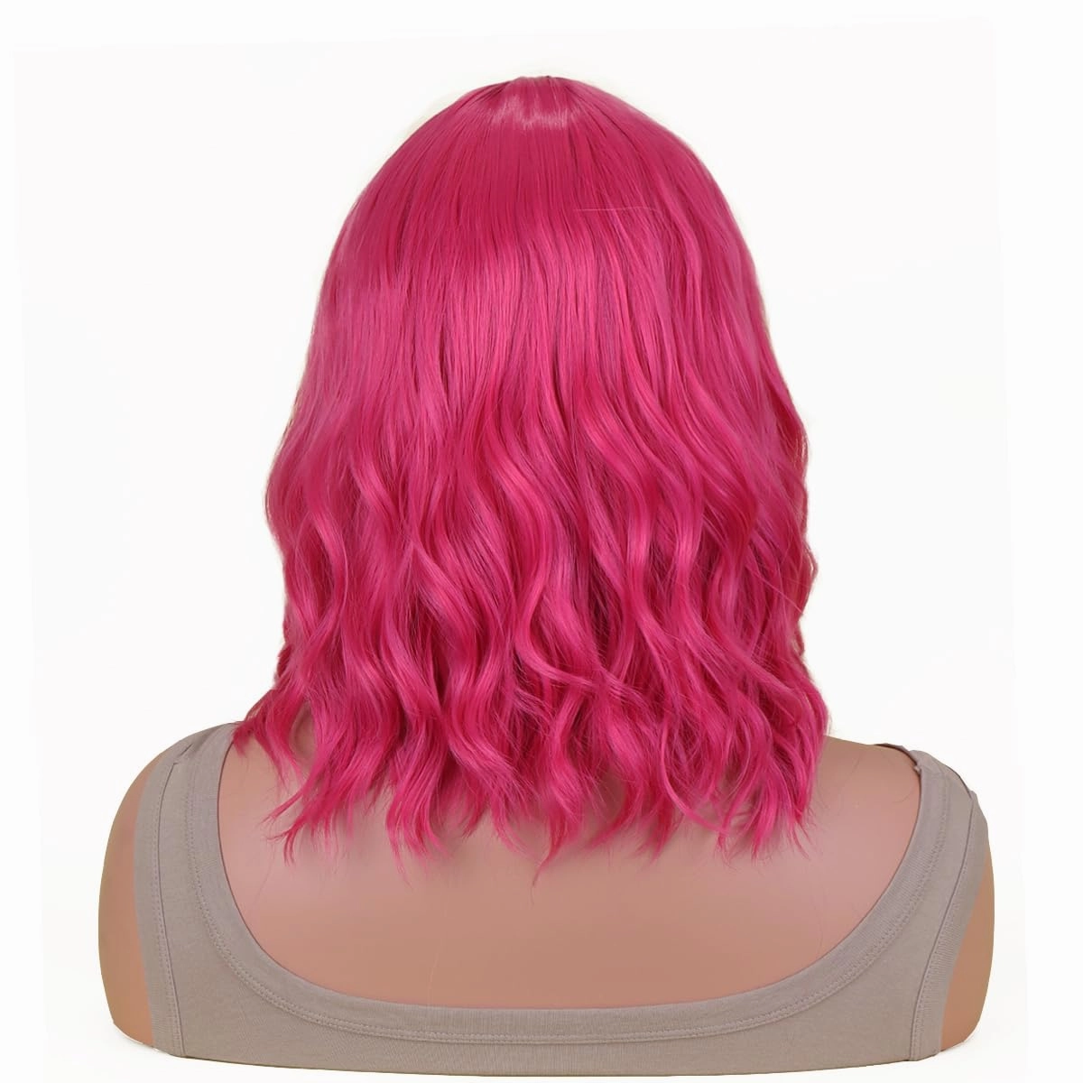 incohair 14 Inches Hot Pink Wig with Bangs Women Girls Short Curly Wavy Bob Synthetic Cosplay Party Daily Wigs Wig Cap Included (Hot Pink)