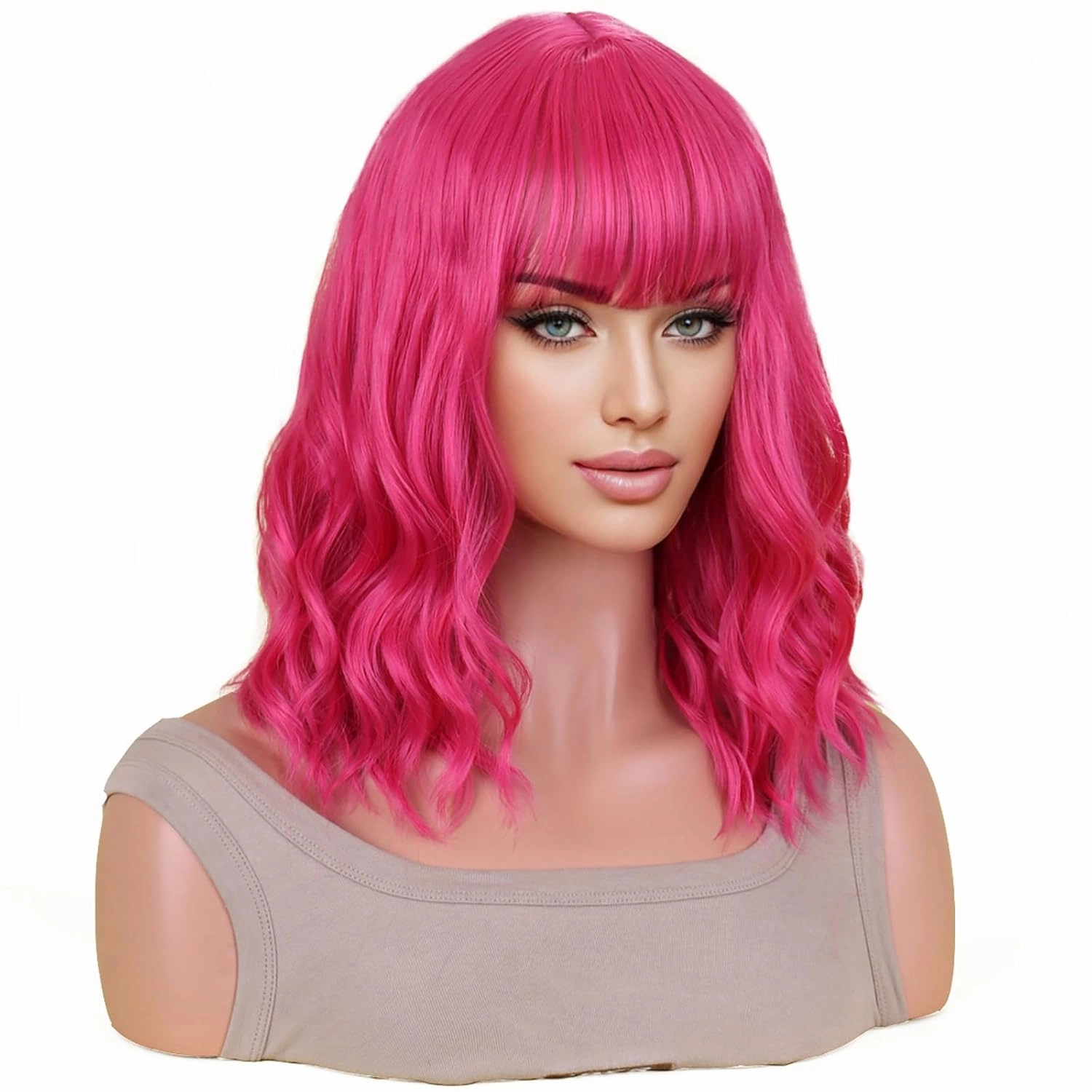 incohair 14 Inches Hot Pink Wig with Bangs Women Girls Short Curly Wavy Bob Synthetic Cosplay Party Daily Wigs Wig Cap Included (Hot Pink)