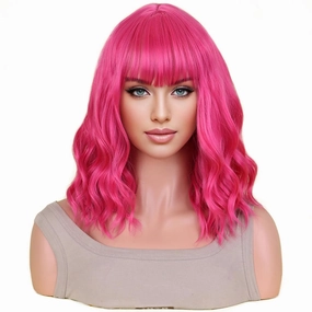 incohair 14 Inches Hot Pink Wig with Bangs Women Girls Short Curly Wavy Bob Synthetic Cosplay Party Daily Wigs Wig Cap Included (Hot Pink)