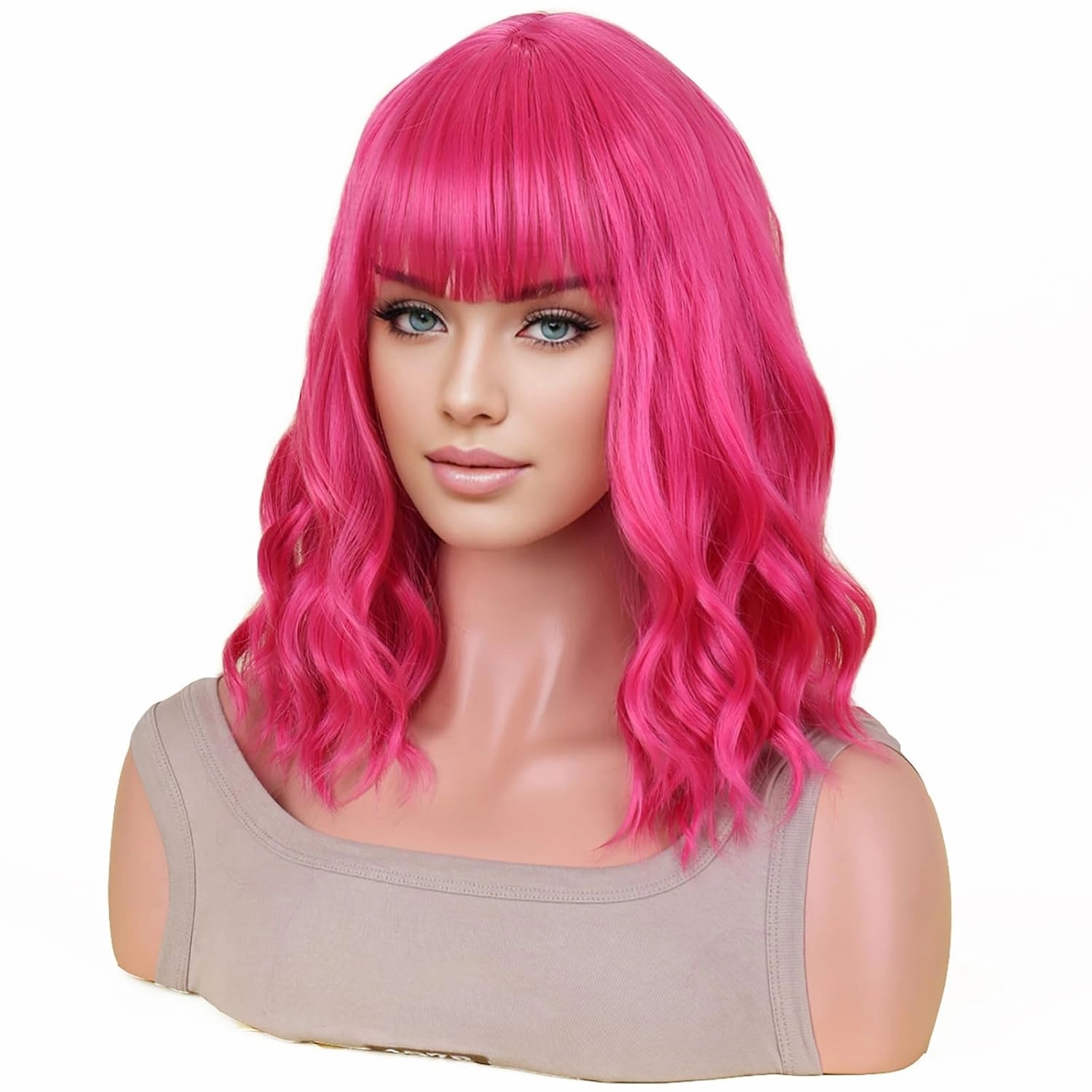 incohair 14 Inches Hot Pink Wig with Bangs Women Girls Short Curly Wavy Bob Synthetic Cosplay Party Daily Wigs Wig Cap Included (Hot Pink)