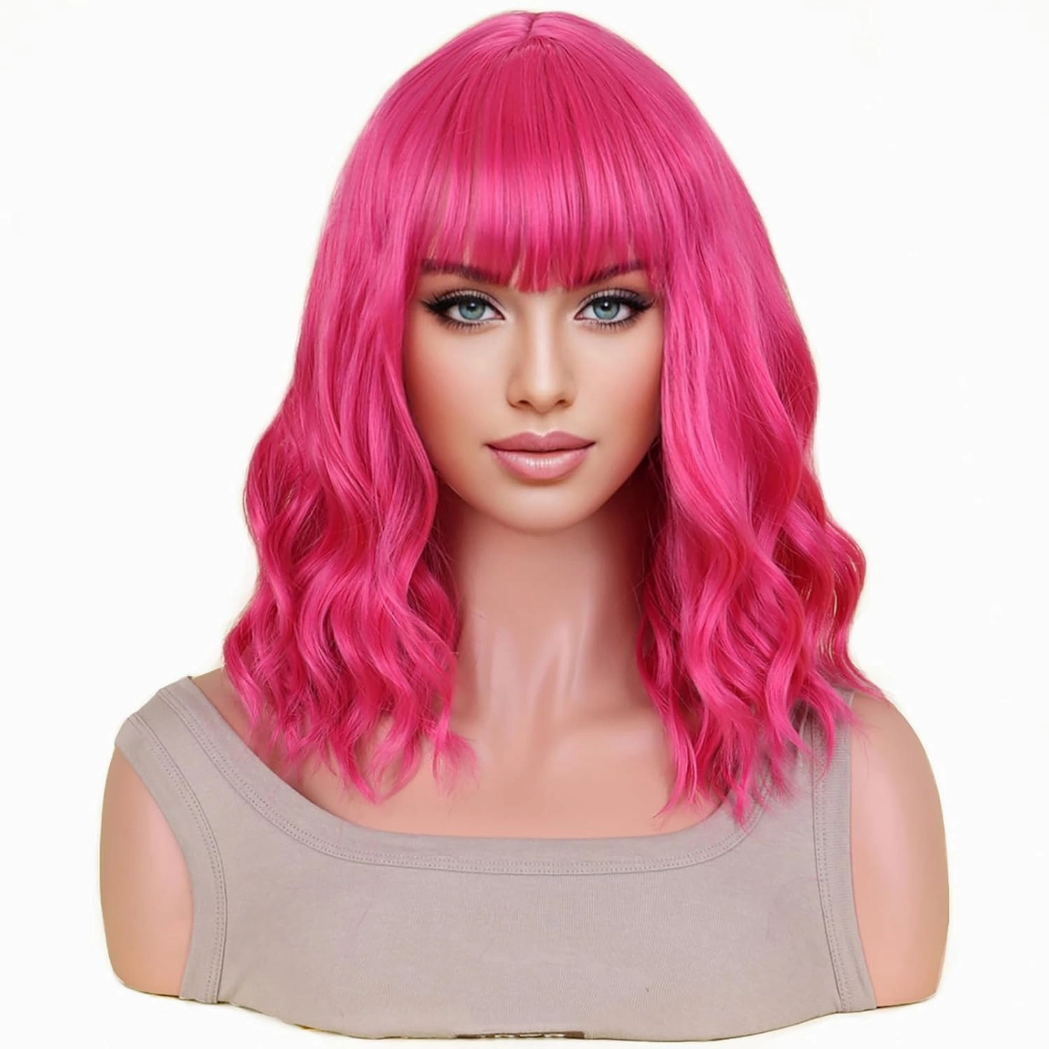 incohair 14 Inches Hot Pink Wig with Bangs Women Girls Short Curly Wavy Bob Synthetic Cosplay Party Daily Wigs Wig Cap Included (Hot Pink)
